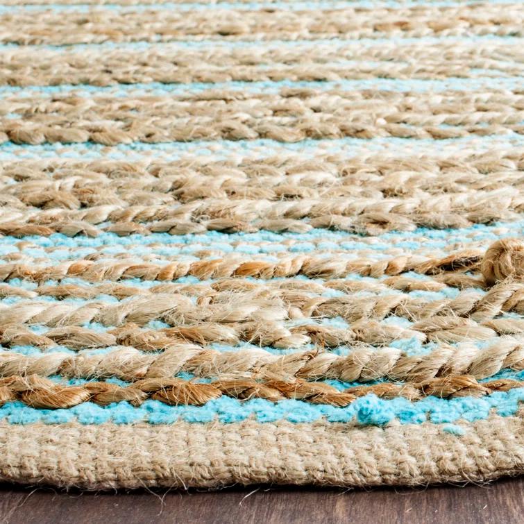 Winthrop Hand Woven Jute/Cotton Striped Rug in Aqua