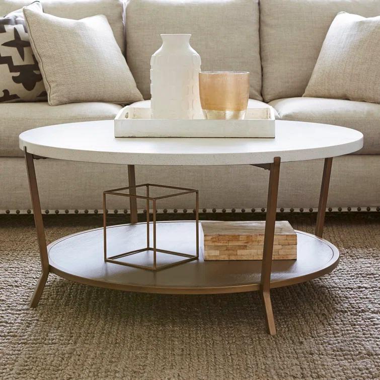 Transitional Round Wood & Stone Coffee Table, 42 Inch, Brown