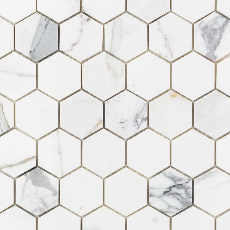 Hexagon Marble Mosaic Tile in White/Gray