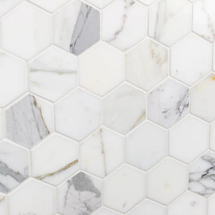 Hexagon Marble Mosaic Tile in White/Gray