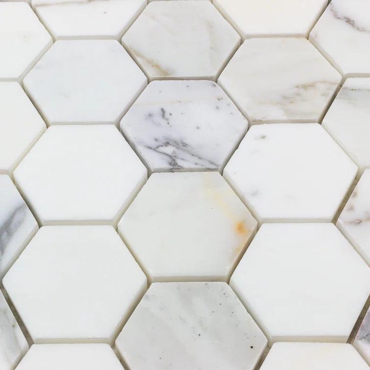 Hexagon Marble Mosaic Tile in White/Gray