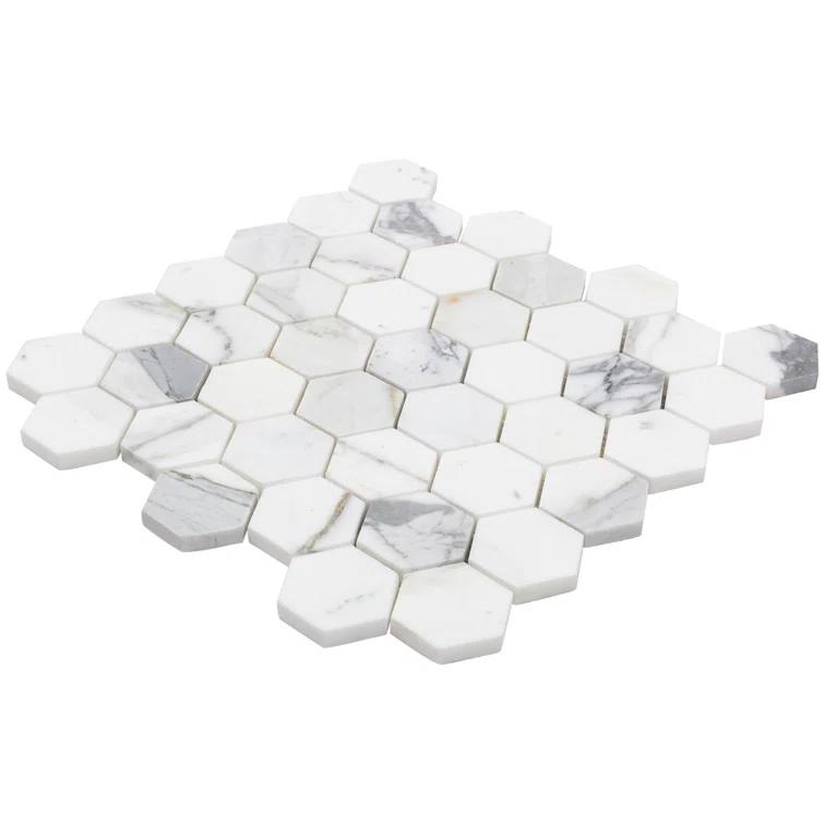 Hexagon Marble Mosaic Tile in White/Gray