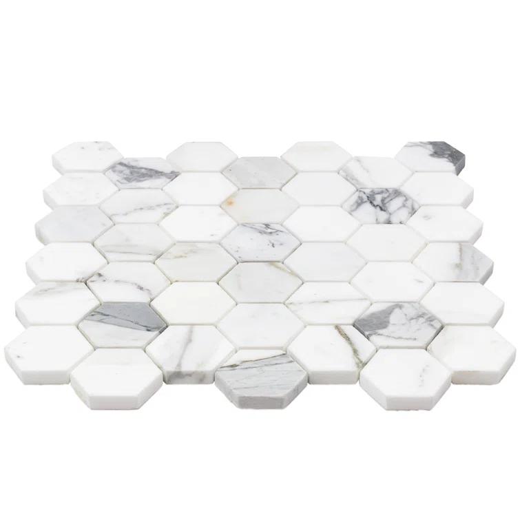 Hexagon Marble Mosaic Tile in White/Gray
