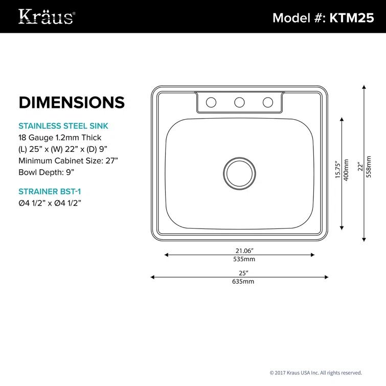 KRAUS 25 inch L Topmount Single Bowl 18 Gauge Stainless Steel Kitchen Sink with NoiseDefend Soundproofing