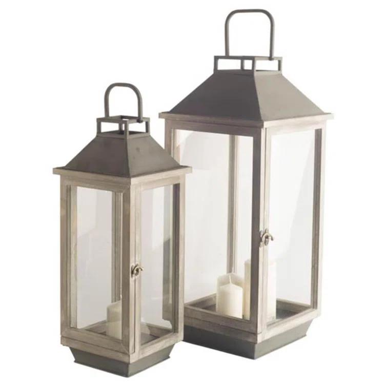 Natural Wood and Metal Hanging Candle Lantern Set