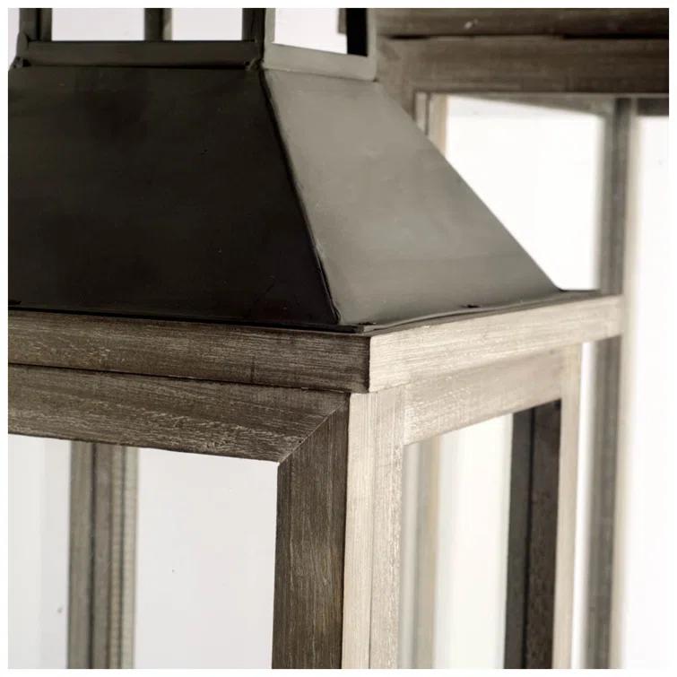 Natural Wood and Metal Hanging Candle Lantern Set