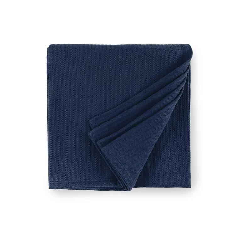 Minimalist Navy Cotton King Blanket with Striped Weave