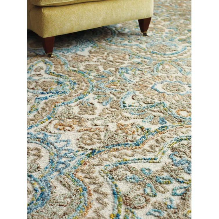 Agra Damask Handmade Tufted Wool Beige/Blue Area Rug