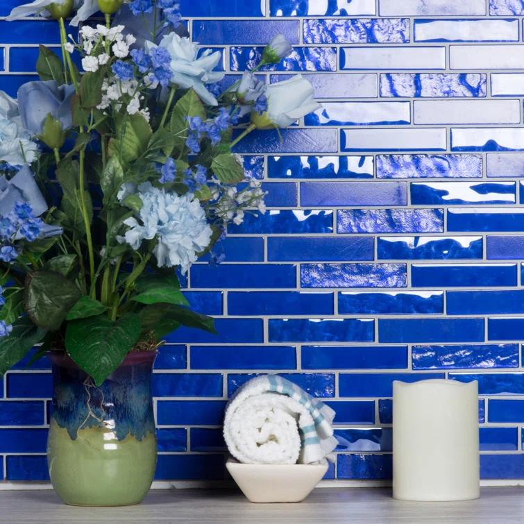 Landscape 1 in. x 4 in. Translucent Glass Plastic Face Mounted Brick Mosaic Designer Pool Tile