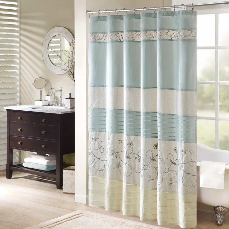 Madison Park Serene Faux Silk Embroidered Floral Shower Curtain