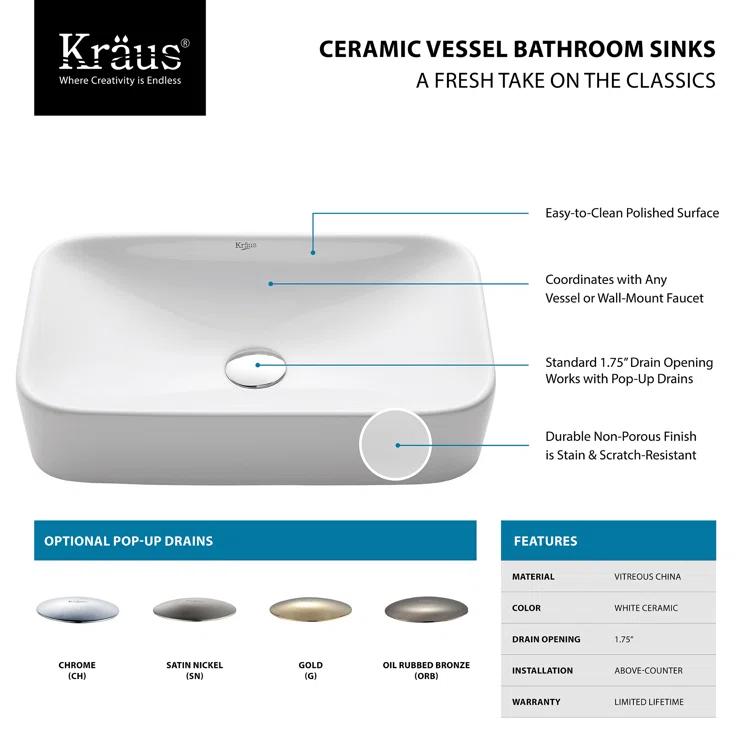 Ceramic Ceramic Rectangular Vessel Bathroom Sink