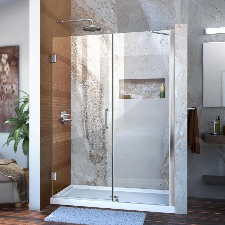 Unidoor 57" W x 72" H Hinged Frameless Shower Door and Fixed Panel with ClearMax Glass Treatment