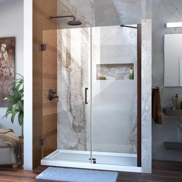 Unidoor 57" W x 72" H Hinged Frameless Shower Door and Fixed Panel with ClearMax Glass Treatment