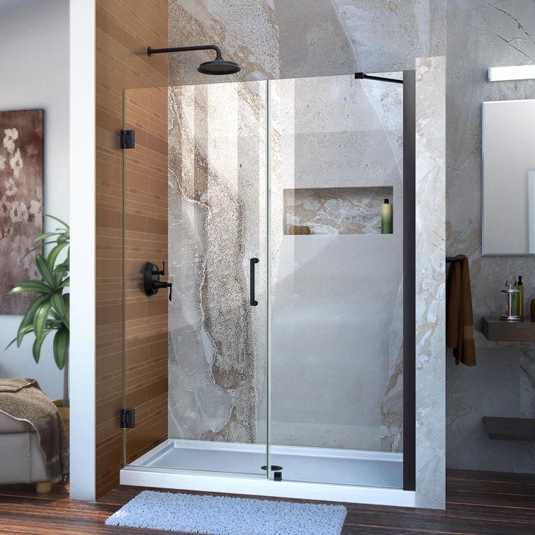 Unidoor 57" W x 72" H Hinged Frameless Shower Door and Fixed Panel with ClearMax Glass Treatment