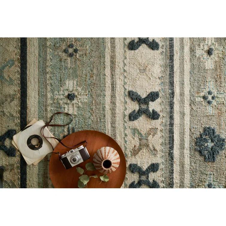 Hand-Knotted Blue and Beige Wool Cotton Area Rug