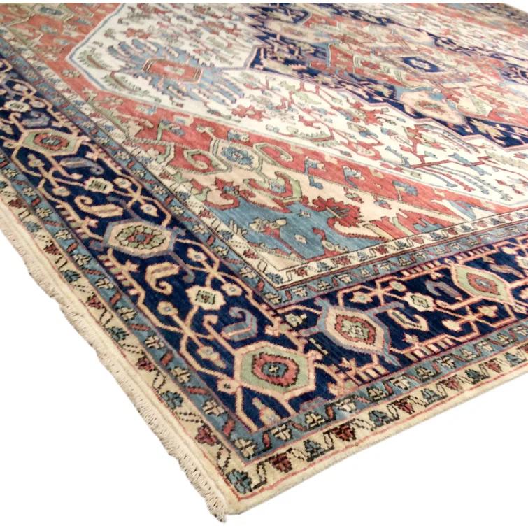 Serapi Hand-Knotted Wool Oriental Area Rug in Ivory/Navy/Red-Orange