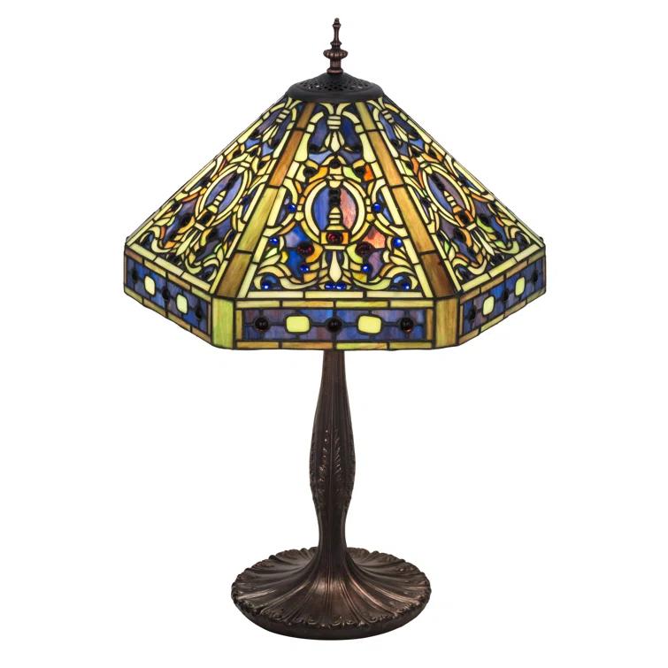 Mahogany Brown Stained Glass Tiffany Table Lamp with Blue Accents