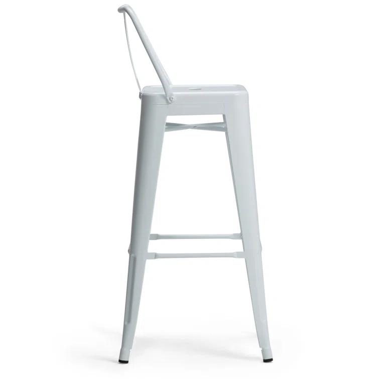 Simpli Home Rayne Metal Industrial Stool with Curved Back, Cross-Brace, and Footrest