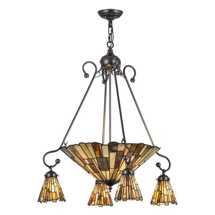 Green and Beige Copper 7-Light Chandelier with Glass Shades