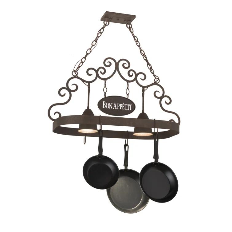 Gilded Tobacco Metal Hanging Pot Rack with Lights