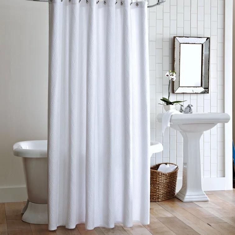 Vienna White Cotton Antique Design Shower Curtain with Silver Grommets