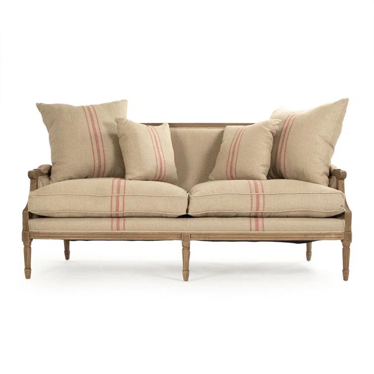 English Khaki Linen Loveseat with Red Stripe and Oak Frame