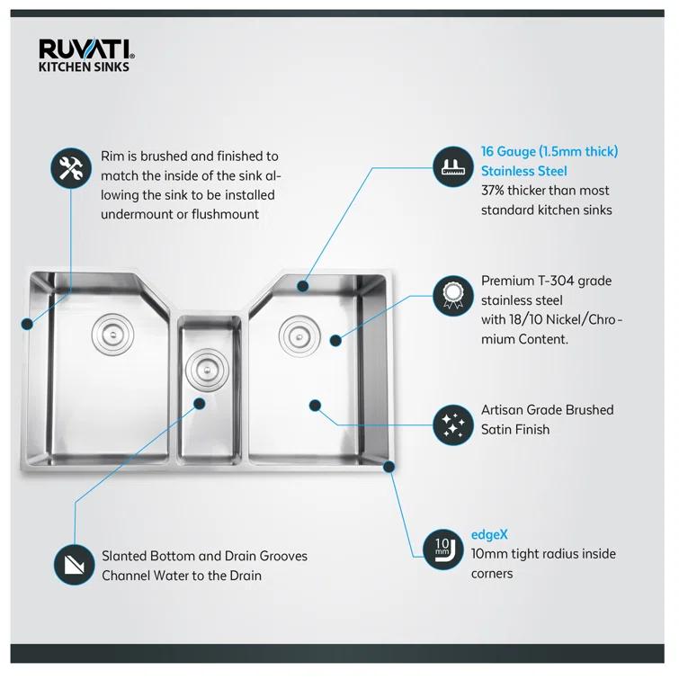 Ruvati 35" Triple Bowl Undermount 16 Gauge Stainless Steel Kitchen Sink