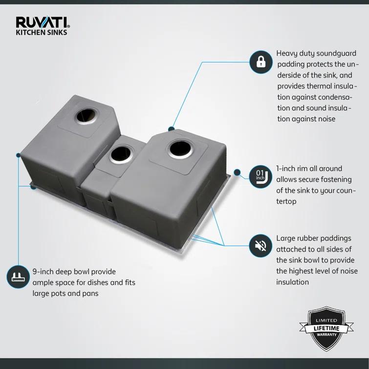 Ruvati 35" Triple Bowl Undermount 16 Gauge Stainless Steel Kitchen Sink