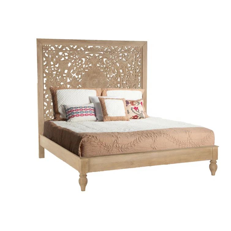 Transitional Heirloom Mango Wood Queen Platform Bed with Carved Headboard