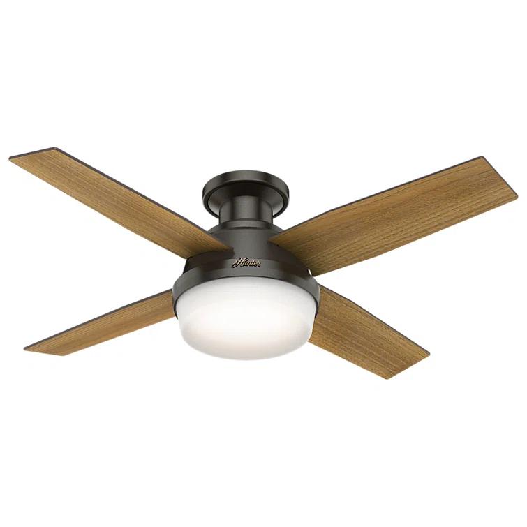Hunter Fan Dempsey Low Profile 44" 4 - Blade Indoor Flush Mount Small Room Ceiling Fan with Lights and Remote