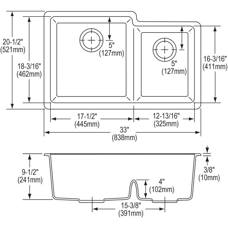 Quartz Classic 33" x 20-1/2" x 9-1/2" Double Basin Undermount Kitchen Sink