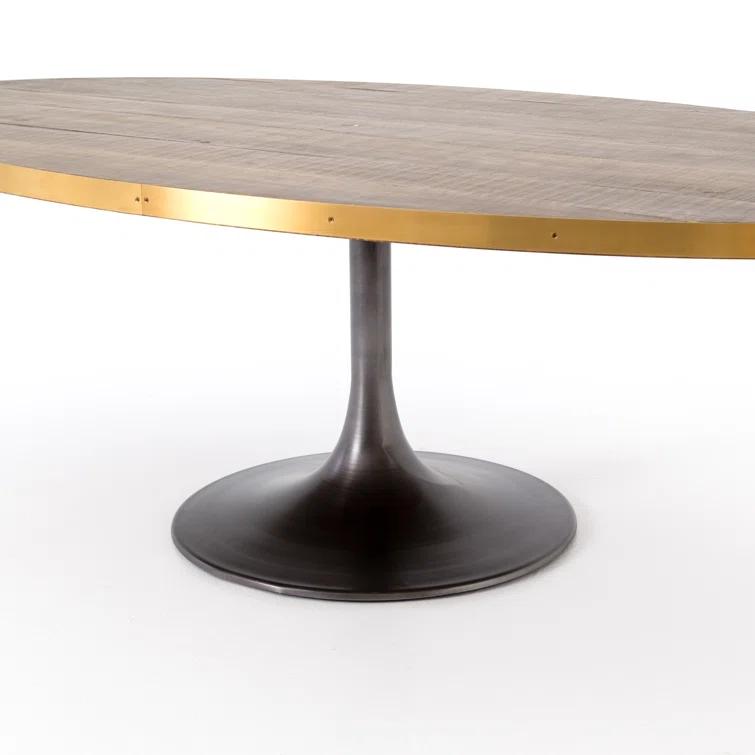 Round Reclaimed Wood Dining Table with Brass Trim