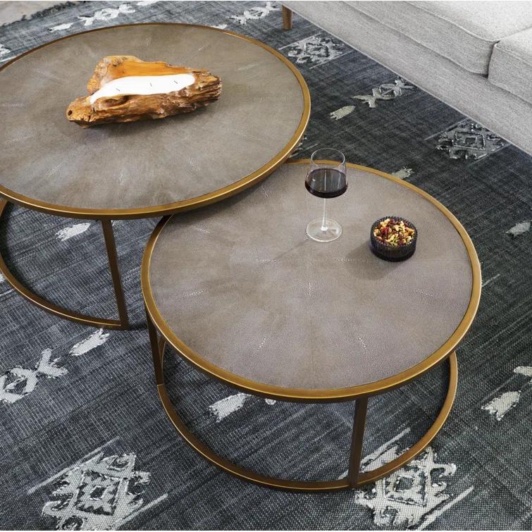 Crescent Antique Brass Nesting Coffee Table Set with Faux Shagreen Top
