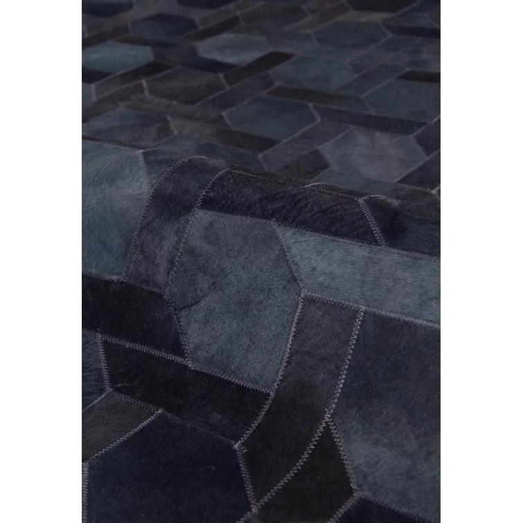 Natural Hide Geometric Cowhide Area Rug in Navy/Black