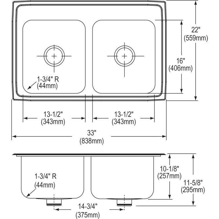 Elkay DLR332210PDMR2 Lustertone 33" L x 22" W Double Basin Drop-In Kitchen Sink with Drain Assembly