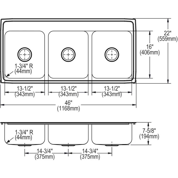 Lustertone 46" L x 22" W Triple Basin Drop-In Kitchen Sink