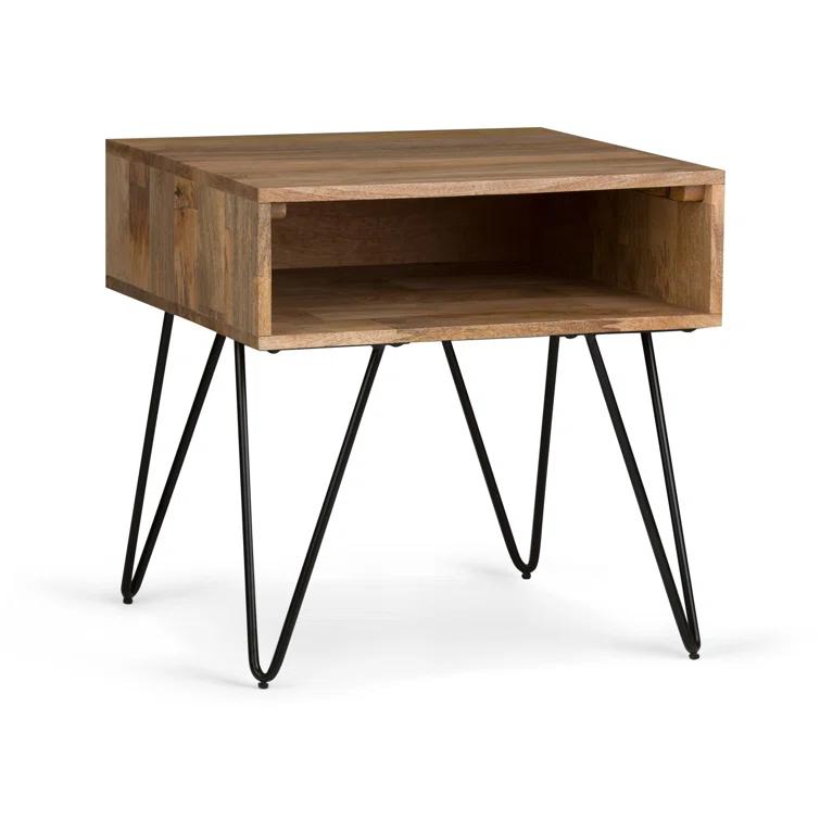 Hunter 22"W Solid Wood Industrial Square End Table with Hairpin Legs and Open Storage