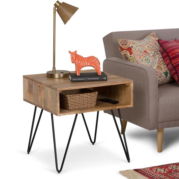 Hunter 22"W Solid Wood Industrial Square End Table with Hairpin Legs and Open Storage