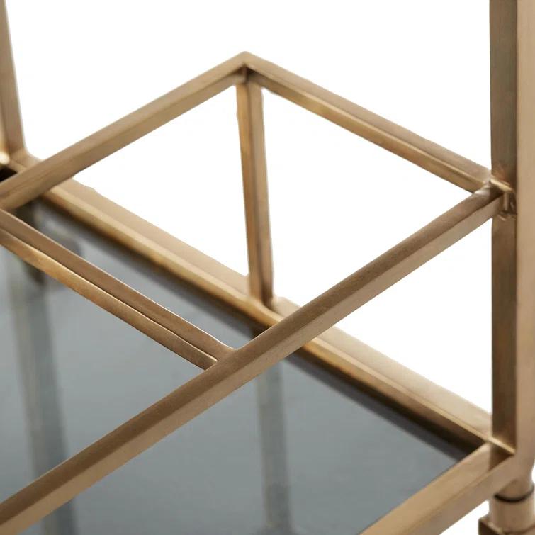 Jak 36" Antiqued Brass and Black Glass Bar Cart with Storage