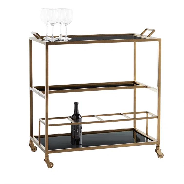Jak 36" Antiqued Brass and Black Glass Bar Cart with Storage