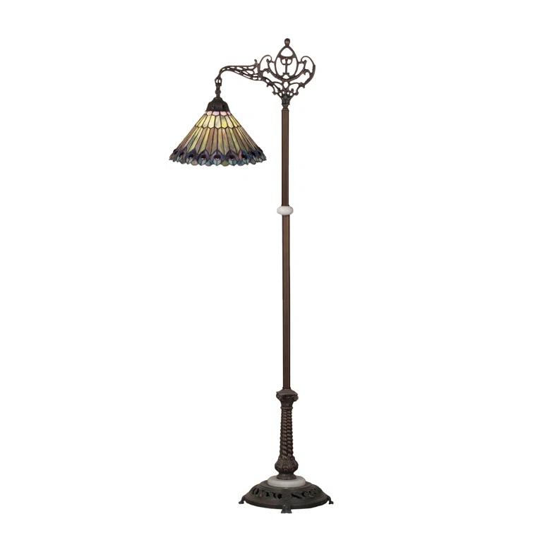 65841 Meyda 60"H Tiffany Jeweled Peacock Bridge Arm Floor Lamp