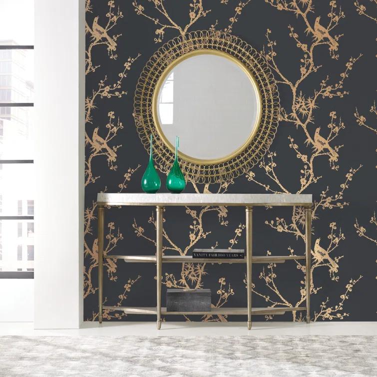 Tempaper & Co.® x Cynthia Rowley Bird Watching Removable Peel and Stick Wallpaper, Black and Gold, 56 sq ft: Vinyl, Self-Adhesive