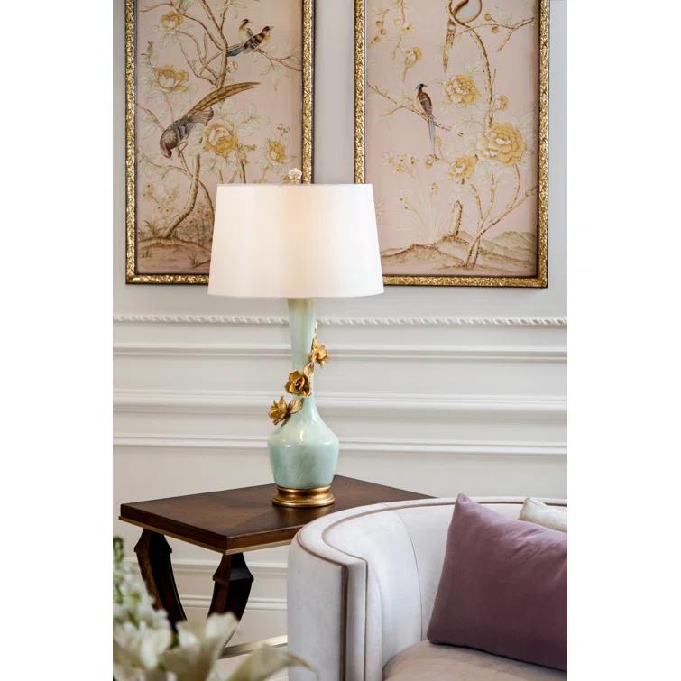 Avril Blue and Gold Floral Table Lamp with Silk Shade