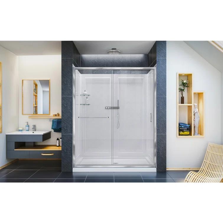 Infinity-Z 60" W x 30" D x 76.75" H Semi-Frameless Rectangle Shower Enclosure with Towel Bar and Base Included