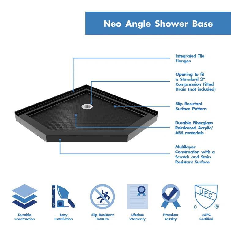 Prism 42" W x 42" D x 74.75" H Frameless Neo-Angle Reversible Shower Kit with Towel Bar and Base Included