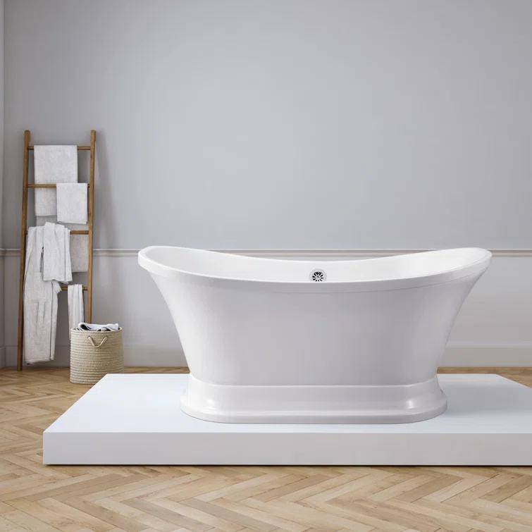 68" Streamline Freestanding Soaking Acrylic Bathtub With Drain and Bamboo Tray