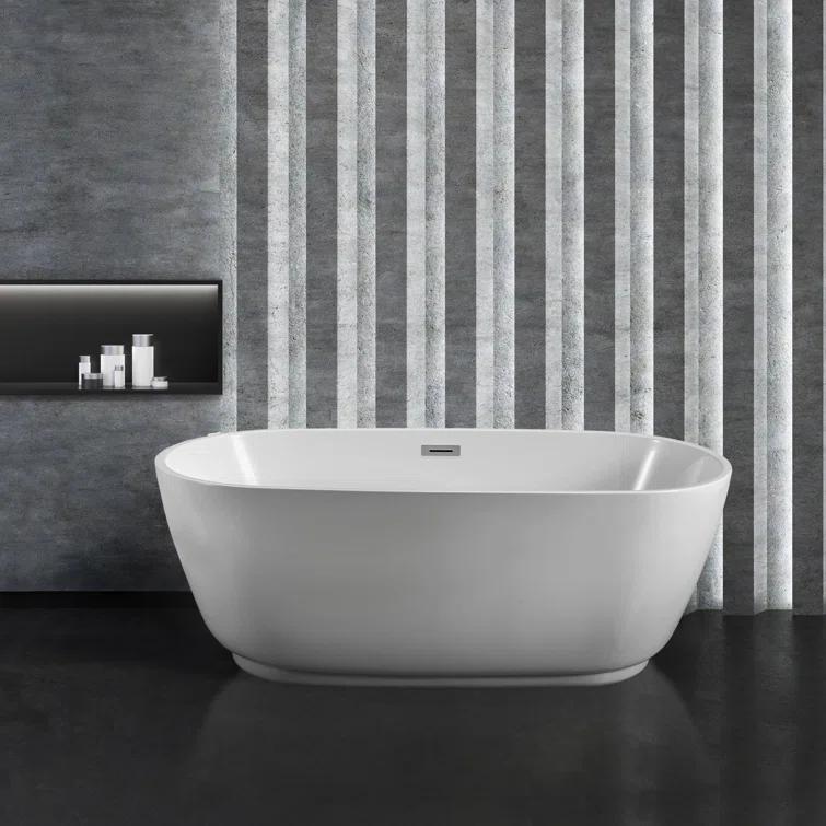 59" Streamline Freestanding Soaking Acrylic Bathtub With Drain and Bamboo Tray
