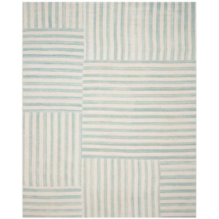 Sky Blue Stripe Patchwork Wool 8' x 10' Area Rug