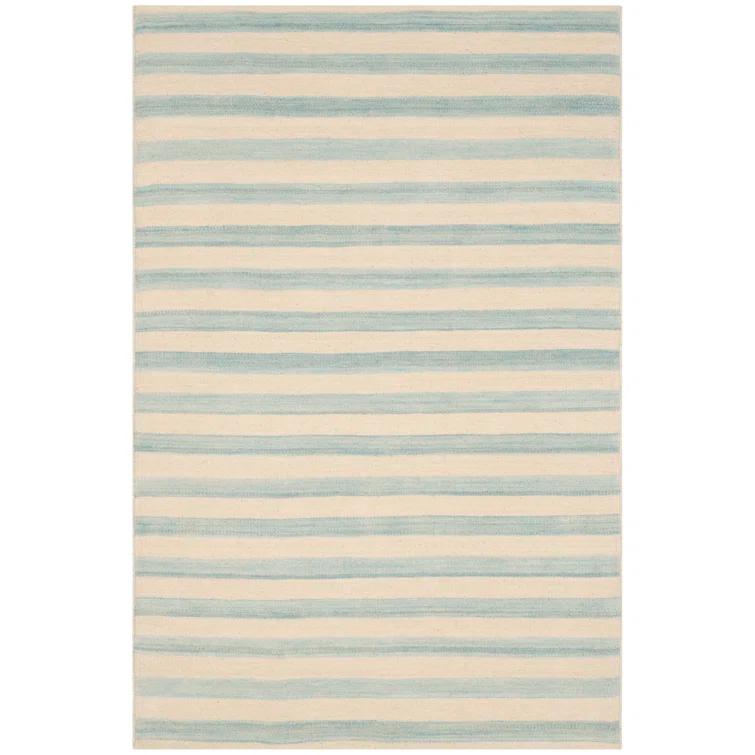 Small Sky Blue and White Wool Stripe Area Rug