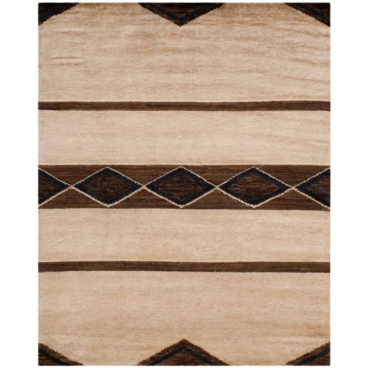 Hand-Knotted Black and Beige Wool Cotton Area Rug